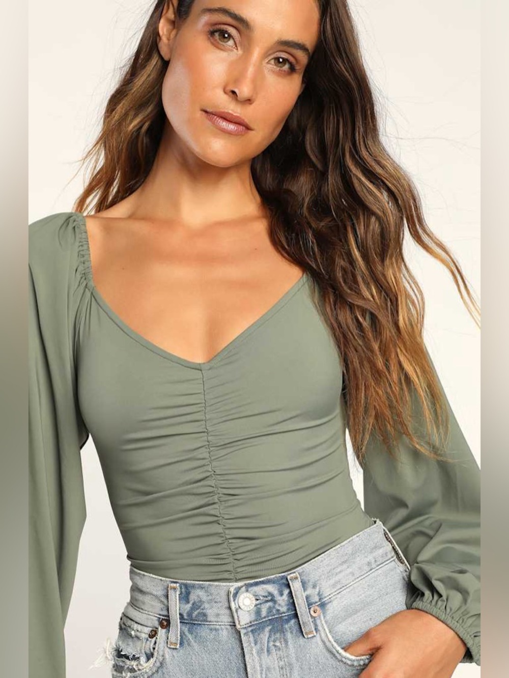 Lulus Certified Flirt Sage Green Ruched Long Sleeve Bodysuit - Picture 2 of 6